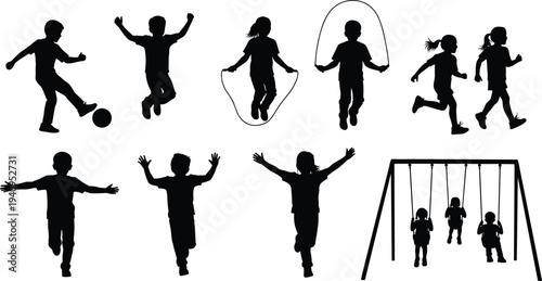 Collection of children silhouettes playing various activities including jumping rope, running, soccer and playground swings, kids recreation vector illustration isolated background