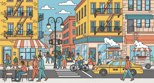 Vibrant City Street Scene with People and Yellow Taxi.