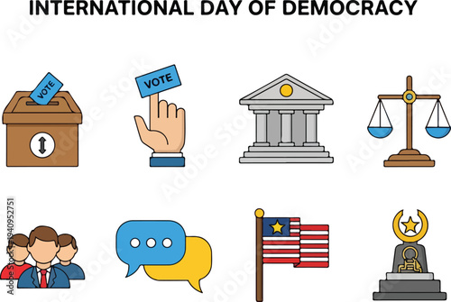 Icons for International Day of Democracy Voting hand building scales people speech flag statue