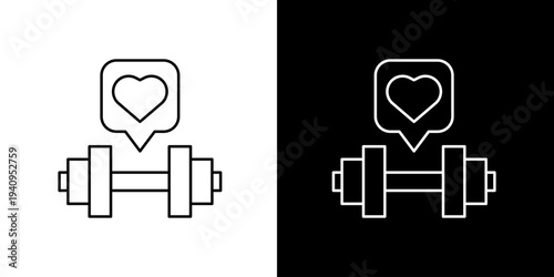 Fitness motivation icon with a dumbbell and a heart in a speech bubble, black and white outline graphic