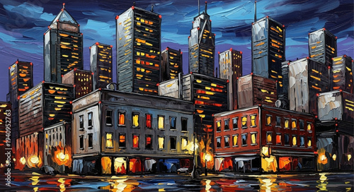 Vibrant Cityscape Painting at Night with Illuminated Buildings.