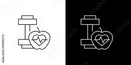 Health and fitness icon. Dumbbell, apple, heartbeat symbol. Represents exercise, healthy eating, and wellness for active, balanced living