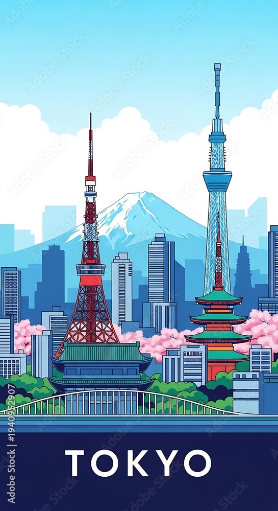 Obraz premium Stylized illustration showcases iconic structures and natural beauty of a large eastern metropolis