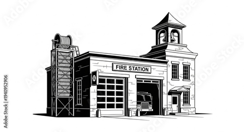 Vintage Fire Station Building Illustration with Fire Truck Inside.