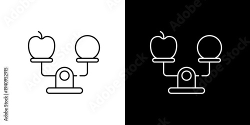 Single icon of balanced diet and healthy lifestyle symbols representing food and well-being on scales