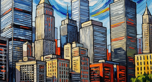 Vibrant Impressionist Painting of a Bustling Cityscape with Tall Buildings.