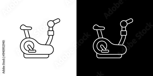 Outline icon of a stationary exercise bike for indoor fitness workouts and gym exercise equipment. Minimalist line art illustration of a home training bicycle symbol on both black and white background