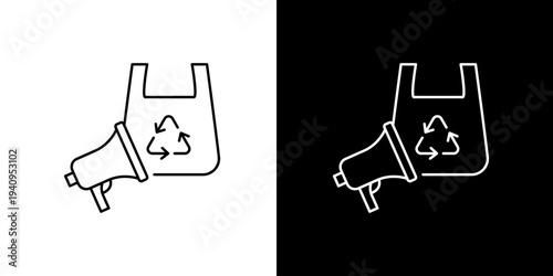 Outline icon representing an environmental advocacy message, featuring a megaphone broadcasting a recycling symbol for plastic waste reduction and global sustainability efforts