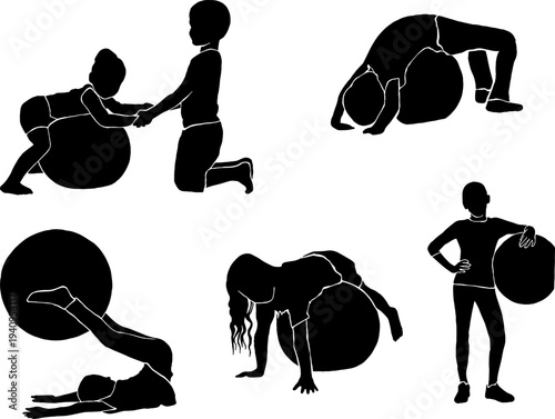 Children exercising with fitness balls silhouettes, kids gymnastics and therapy poses.