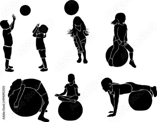 Children exercising with fitness balls silhouettes, kids gymnastics and therapy poses.