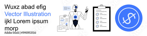 Artificial intelligence, robotics, data analysis, financial technology, automation, digital services. Robot analyzing data with financial symbol and checklist. Artificial intelligence and robotics