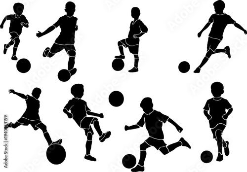 Set of children playing soccer silhouettes, kids football action poses vector.