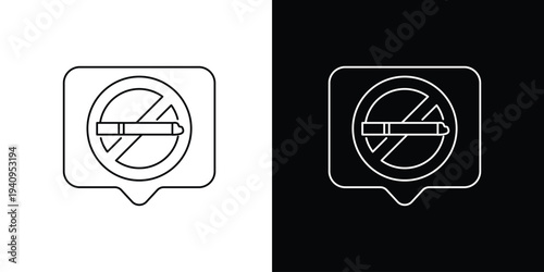 Outline vector icon depicting a no smoking forbidden sign inside a speech bubble, emphasizing health regulations and tobacco cessation awareness