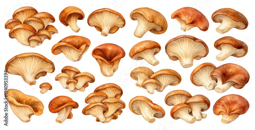 A detailed watercolor collection of oyster mushrooms, featuring clusters and individual Pleurotus mushrooms illustrated in a natural botanical style.