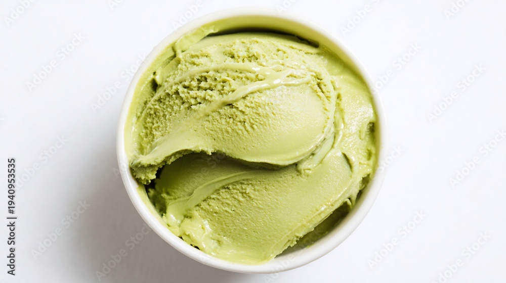 Obraz premium Overhead view of vibrant matcha green tea in a white ceramic cup