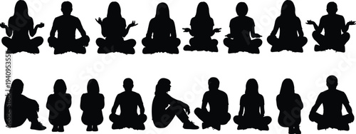 Collection of people meditating silhouettes in lotus pose, calm men and women practicing yoga mindfulness vector illustration isolated on white background