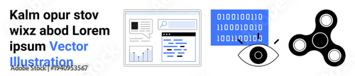 Digital technology, cybersecurity, data visualization, web development, analytics, surveillance. Binary code, analytics interface eye spinner. Cybersecurity and data visualization concept