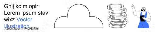 Cloud computing, data storage, financial systems, IT support, tech industry, business platforms. A cloud symbol, stacked coins and a worker with a tablet. Cloud computing and data storage