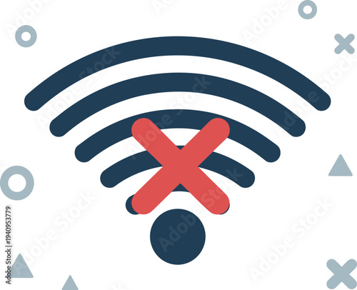 No wifi connection icon with red cross, wireless internet signal error symbol illustration isolated network problem concept