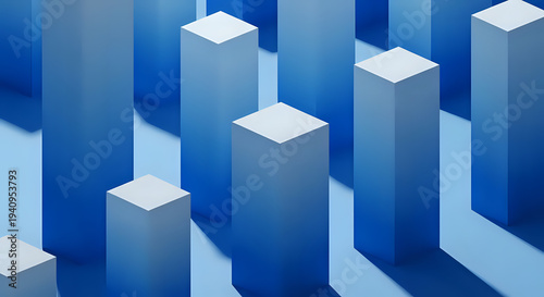 A close-up view of a series of blue rectangular prisms of varying heights arranged in a seemingly random pattern on a flat surface