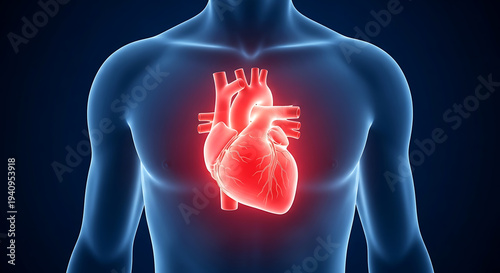 Glowing Red Human Heart Anatomy in Blue Transparent Male Body Silhouette, Medical Science Concept, Cardiovascular Health.