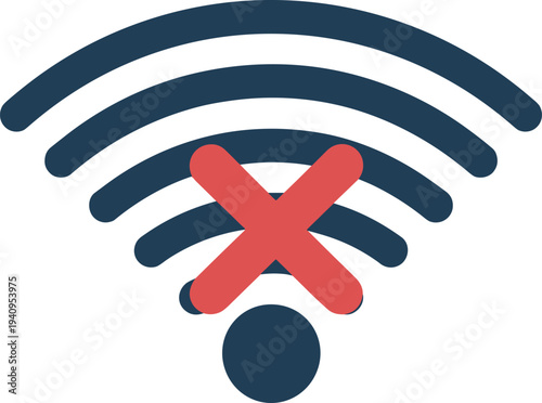 No wifi connection icon with red cross, wireless network signal error symbol isolated internet connectivity problem illustration