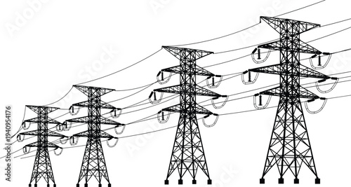 High voltage electricity transmission towers with power lines silhouette, industrial energy infrastructure illustration showing steel lattice pylons isolated on white background