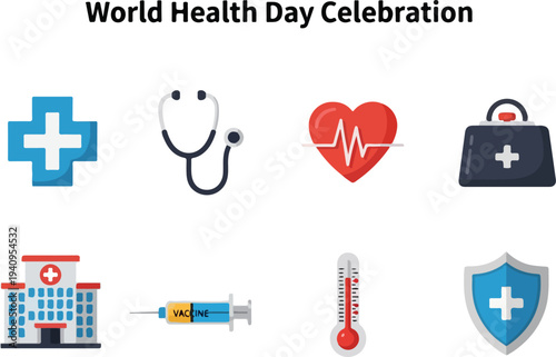 Image displays medical icons a cross stethoscope heart bag hospital syringe thermometer and shield