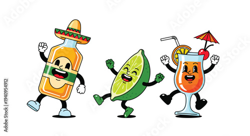 A cartoon tequila bottle wearing a sombrero dances alongside a lime wedge and a tropical cocktail glass with a cherry and orange slice.