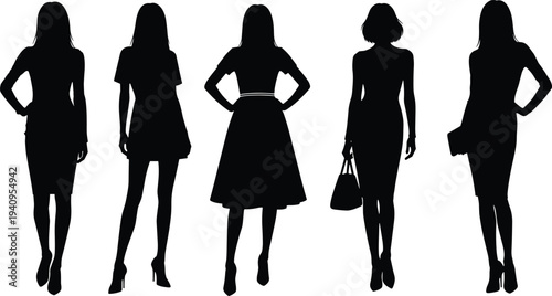 Set of elegant women silhouettes in stylish outfits and poses, fashionable female figures collection isolated vector illustration on white background