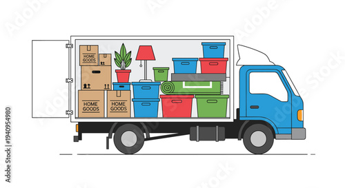 A blue and white moving truck with its back door open is filled with cardboard boxes and bins on a white background.