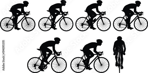 Set of road cyclist silhouettes in multiple riding positions, professional cycling race athletes isolated vector illustration on white background sports concept