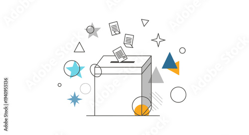 Modern Line Art Vector Illustration of a Ballot Box with Papers Being Cast, Surrounded by Abstract Geometric Shapes, Representing Voting, Elections, and Democracy
