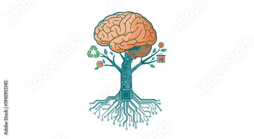 A conceptual illustration shows a human brain as a tree canopy with a trunk made of blue electronic circuit patterns.