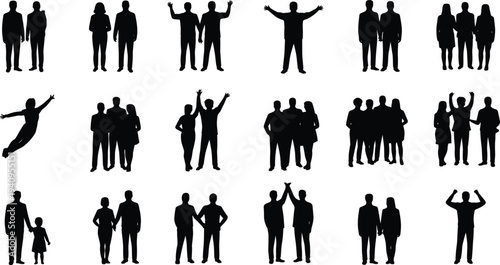 People silhouettes collection with friends, couples and families standing, celebrating and socializing poses, human crowd interaction set for lifestyle concept vector isolated on white background