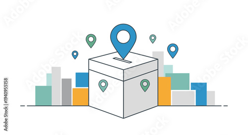 Modern Vector Illustration of a White Ballot Box with a Blue Location Pin on Top, Surrounded by Cityscape Buildings and Smaller Map Markers, Representing Election, Voting, and Local Democracy