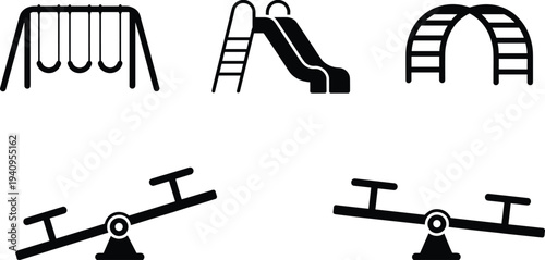 Playground equipment silhouettes, swing set, slide, climbing dome, seesaw icons, black vector illustration, children play area, outdoor recreation design