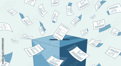Blue Ballot Box with Falling Voting Papers and Election Forms Vector Illustration for Political Campaigns and Democracy Concepts
