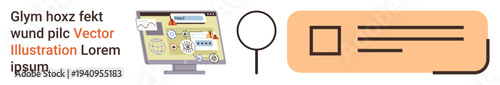 Data analysis, search tools, user interfaces, online content, SEO research, and web browsing. Computer screen with icons, magnifying glass search bar illustration. Data analysis and search tools