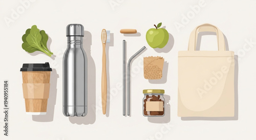 Eco Friendly Sustainable Living Essentials – Reusable Bottle, Coffee Cup, Beeswax Wrap Zero Waste Vector