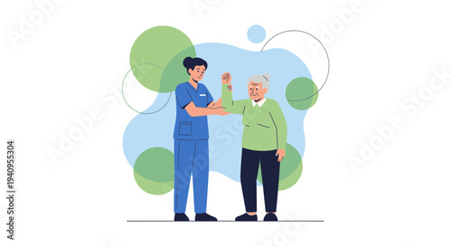Nurse assisting elderly man with arm movement, physiotherapy and healthcare concept