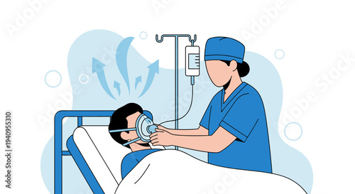 Nurse assisting patient with oxygen mask in hospital bed, medical care concept