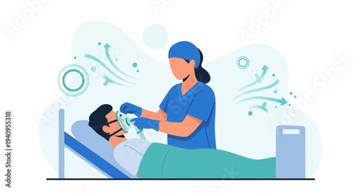 Nurse assisting patient with oxygen mask in hospital bed, medical care concept
