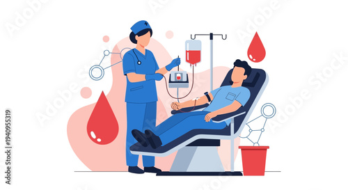 Nurse assisting patient during blood donation procedure, medical illustration
