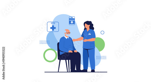 Nurse caring for elderly man, medical care, support, and healthcare concept