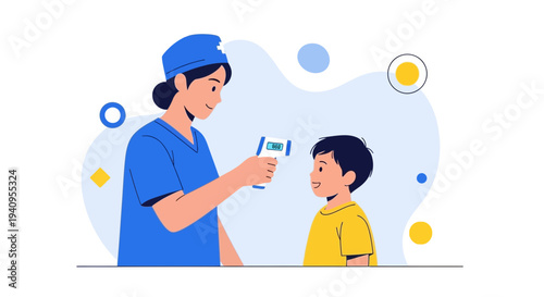 Nurse checking child's temperature with infrared thermometer, healthcare concept
