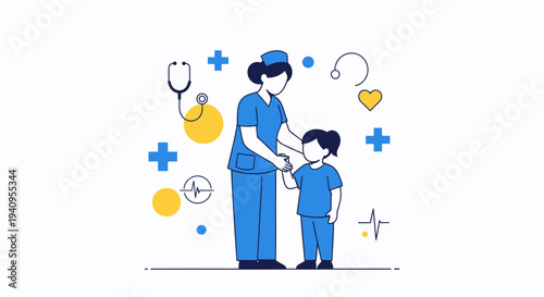Nurse Holding Child's Hand, Pediatric Care Concept, Medical Symbols, Healthcare Illustration