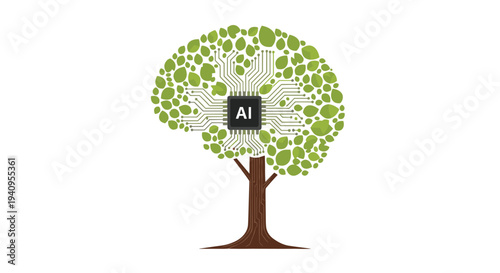 A green tree with a brown trunk has its leaves arranged in the shape of a brain with a central microchip and circuits.