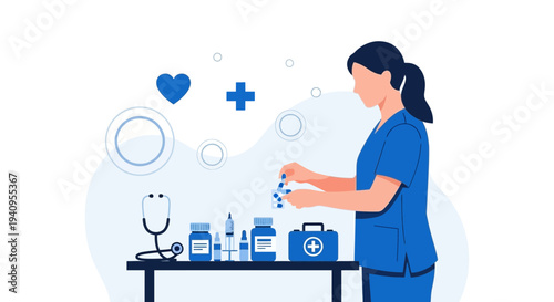 Nurse Preparing Medication with Medical Supplies and Symbols