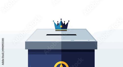 Blue and gray ballot box with a golden star crown on top, representing election, voting, and democratic processes vector illustration